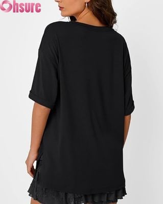T-shirt casual oversize da donna, top tunica a maniche corte con vestibilità ampia, spacco laterale e orlo a volant