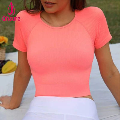 Maglietta sportiva a coste solide, assorbente il sudore, 90% nylon, 10% elastan, da donna, per fitness, palestra e allenamento