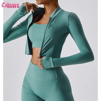 Slim Fit Full Zipper Nylon/Spandex 230GSM Fitness Sport Crop Tops Long Sleeve Custom Logo Zipper Abbigliamento sportivo per donne