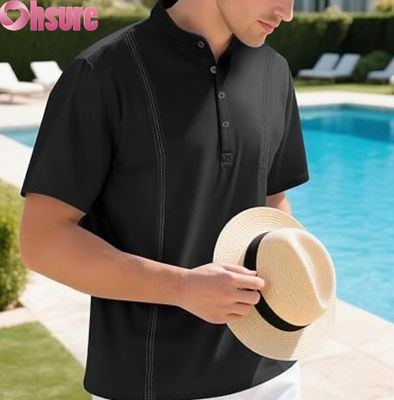 T-shirt da uomo casual Henley Classic Button T-shirt estivi a colori solidi