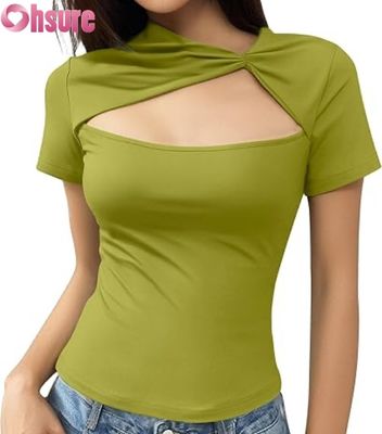 T-shirt da donna estivi slim fit | Top girocollo a maniche corte con tagli | OEM personalizzato moda 2025
