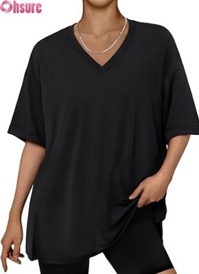 T-shirt casual oversize da donna, top tunica a maniche corte con vestibilità ampia, spacco laterale e orlo a volant