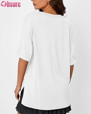 T-shirt casual oversize da donna, top tunica a maniche corte con vestibilità ampia, spacco laterale e orlo a volant