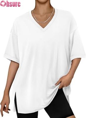 T-shirt casual oversize da donna, top tunica a maniche corte con vestibilità ampia, spacco laterale e orlo a volant