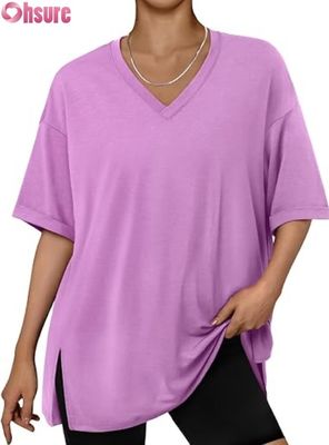 T-shirt casual oversize da donna, top tunica a maniche corte con vestibilità ampia, spacco laterale e orlo a volant