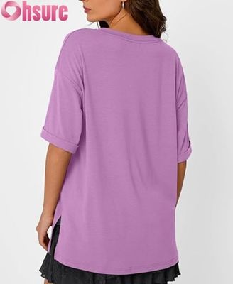 T-shirt casual oversize da donna, top tunica a maniche corte con vestibilità ampia, spacco laterale e orlo a volant