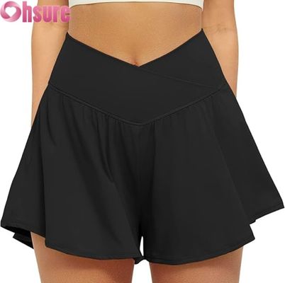 Gonna Pantaloncini Sportivi da Donna a Vita Alta 2-in-1, Fluidi per Corsa, con Pantaloncino Interno, Tasche, Yoga, Tennis, Allenamento, Abbigliamento Sportivo
