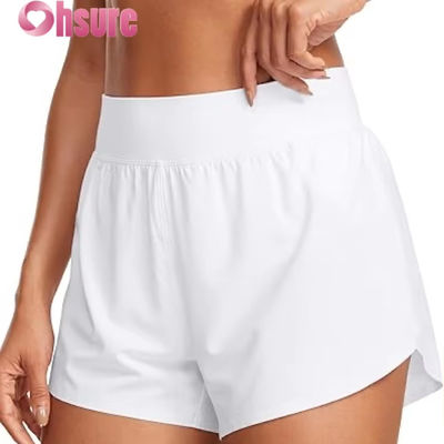 Pantaloncini sportivi da corsa atletici stile delfino a vita alta da donna, sexy con fodera in rete, spacco alto 3\", comodi per yoga