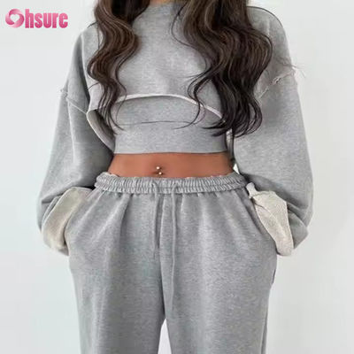 Personalizzazione Moda Sport Terry Francese Sweatsuits Womens 3 Piece Jogger Set Sweatpants e Cut Hem Crop Top Set