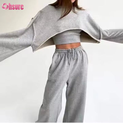 Personalizzazione Moda Sport Terry Francese Sweatsuits Womens 3 Piece Jogger Set Sweatpants e Cut Hem Crop Top Set