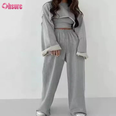 Personalizzazione Moda Sport Terry Francese Sweatsuits Womens 3 Piece Jogger Set Sweatpants e Cut Hem Crop Top Set