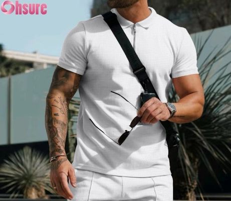 T-shirt da polo da uomo estivo casual manica corta cotone waffle a maglia tessuto sostenibile e design in bianco