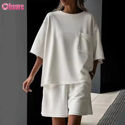Completo estivo casual da donna, tinta unita, girocollo, maniche corte, pantaloncini elasticizzati da ginnastica, abbigliamento sportivo personalizzato da donna