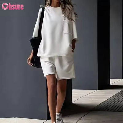 Completo estivo casual da donna, tinta unita, girocollo, maniche corte, pantaloncini elasticizzati da ginnastica, abbigliamento sportivo personalizzato da donna