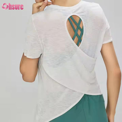 T-shirt da ginnastica a manica corta sfondata, leggera, per donna, traspirante, asciugabile, trasparente, casual, T-shirt da yoga