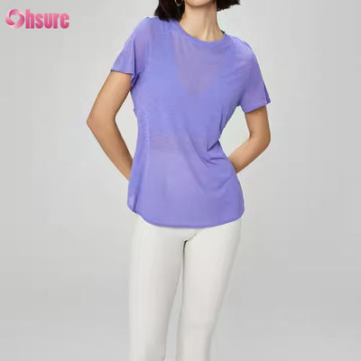T-shirt da ginnastica a manica corta sfondata, leggera, per donna, traspirante, asciugabile, trasparente, casual, T-shirt da yoga