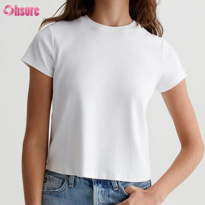 T-shirt girocollo corto da donna bianco personalizzato casual tinta unita - Silhouette vintage, maglia a coste misto cotone, capo essenziale per tutti i giorni