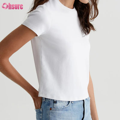T-shirt girocollo corto da donna bianco personalizzato casual tinta unita - Silhouette vintage, maglia a coste misto cotone, capo essenziale per tutti i giorni