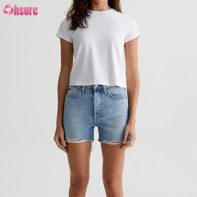 T-shirt girocollo corto da donna bianco personalizzato casual tinta unita - Silhouette vintage, maglia a coste misto cotone, capo essenziale per tutti i giorni