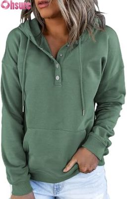 Pullover da donna casual a manica lunga con pulsante con cappuccio e felpa con cappuccio Logo anteriore a maglia per l'inverno in autunno con tasche