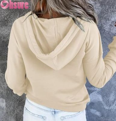Pullover da donna casual a manica lunga con pulsante con cappuccio e felpa con cappuccio Logo anteriore a maglia per l'inverno in autunno con tasche