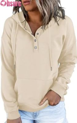 Pullover da donna casual a manica lunga con pulsante con cappuccio e felpa con cappuccio Logo anteriore a maglia per l'inverno in autunno con tasche