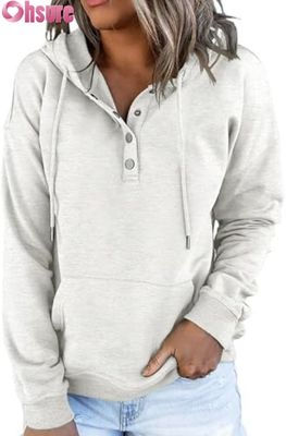 Pullover da donna casual a manica lunga con pulsante con cappuccio e felpa con cappuccio Logo anteriore a maglia per l'inverno in autunno con tasche