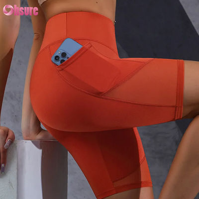 Stampa logo personalizzata, leggings corti caldi in vendita, tasche, cuciture in rete, vita alta, sollevamento glutei, dimagranti, pantaloncini da yoga, leggings all'ingrosso