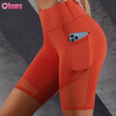 Stampa logo personalizzata, leggings corti caldi in vendita, tasche, cuciture in rete, vita alta, sollevamento glutei, dimagranti, pantaloncini da yoga, leggings all'ingrosso