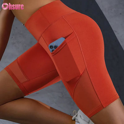 Stampa logo personalizzata, leggings corti caldi in vendita, tasche, cuciture in rete, vita alta, sollevamento glutei, dimagranti, pantaloncini da yoga, leggings all'ingrosso
