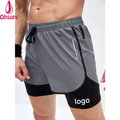 Pantaloncini sportivi da uomo 2 in 1 con coulisse e nastro riflettente, per allenamento in palestra