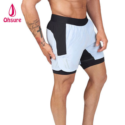 Pantaloncini sportivi da uomo con logo personalizzato OEM, tinta unita, estivi, traspiranti, con coulisse in vita, 2 in 1