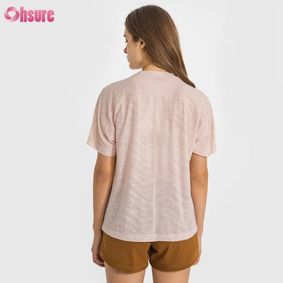 Magliette sportive jacquard traspiranti ad asciugatura rapida con logo personalizzato all'ingrosso, top da yoga a maniche corte da fitness, magliette da palestra da donna a lunghezza corta