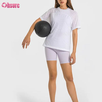 Magliette sportive jacquard traspiranti ad asciugatura rapida con logo personalizzato all'ingrosso, top da yoga a maniche corte da fitness, magliette da palestra da donna a lunghezza corta