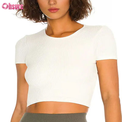 Maglietta sportiva da donna traspirante, ad asciugatura rapida, effetto nudo, altamente elastica, con schiena scoperta, per fitness, allenamento e corsa
