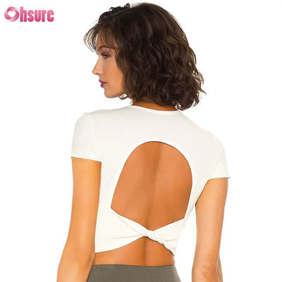 Maglietta sportiva da donna traspirante, ad asciugatura rapida, effetto nudo, altamente elastica, con schiena scoperta, per fitness, allenamento e corsa