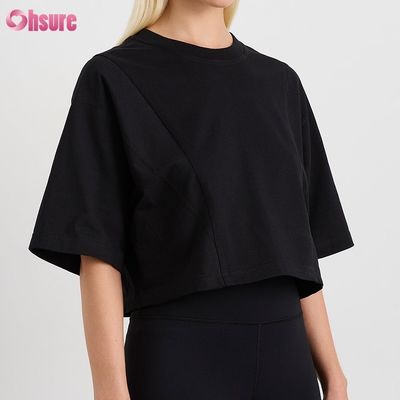 T-shirt corto oversize da donna in spandex, tinta unita, girocollo a doppia faccia personalizzato, sportivo e casual, a maniche corte