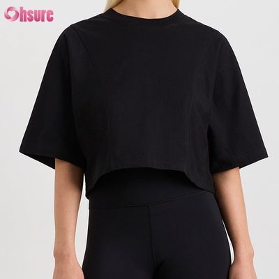 T-shirt corto oversize da donna in spandex, tinta unita, girocollo a doppia faccia personalizzato, sportivo e casual, a maniche corte