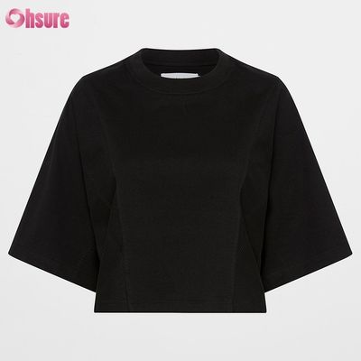 T-shirt corto oversize da donna in spandex, tinta unita, girocollo a doppia faccia personalizzato, sportivo e casual, a maniche corte
