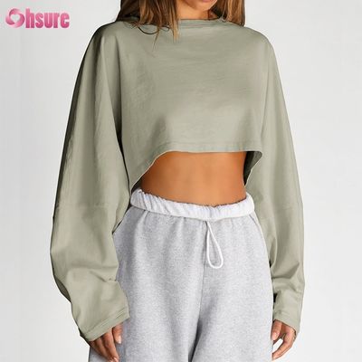 T-shirt da donna in spandex sportivo casual tinta unita oversize con scollo tondo e maniche lunghe, personalizzabile su entrambi i lati