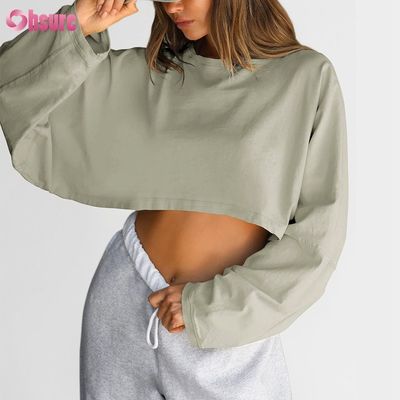 T-shirt da donna in spandex sportivo casual tinta unita oversize con scollo tondo e maniche lunghe, personalizzabile su entrambi i lati