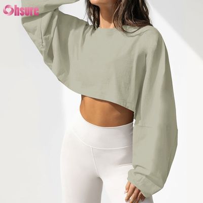 T-shirt da donna in spandex sportivo casual tinta unita oversize con scollo tondo e maniche lunghe, personalizzabile su entrambi i lati
