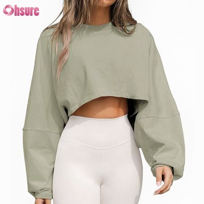 T-shirt da donna in spandex sportivo casual tinta unita oversize con scollo tondo e maniche lunghe, personalizzabile su entrambi i lati