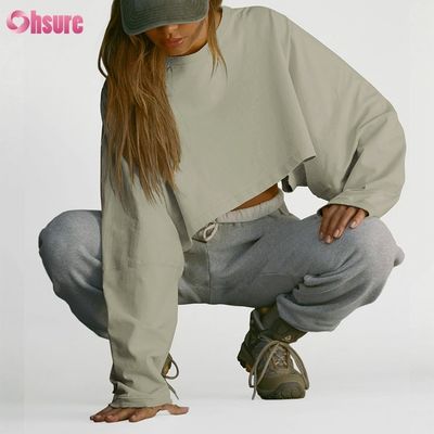 T-shirt da donna in spandex sportivo casual tinta unita oversize con scollo tondo e maniche lunghe, personalizzabile su entrambi i lati