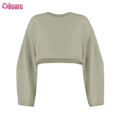 T-shirt da donna in spandex sportivo casual tinta unita oversize con scollo tondo e maniche lunghe, personalizzabile su entrambi i lati