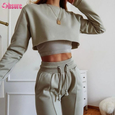 Set da donna loungewear a due pezzi casual 2025 in tessuto di cotone biologico a tinta unita con crop top e joggers