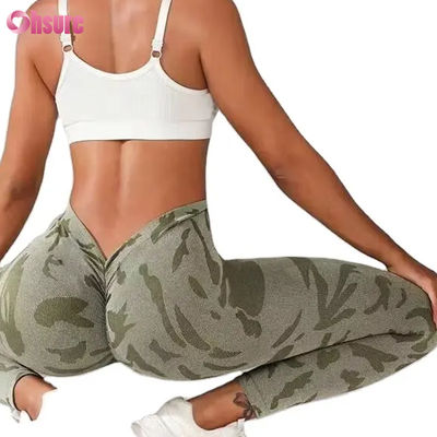 Leggings da donna a vita alta senza cuciture con stampa mimetica, pantaloni a vita a V, push-up, per sport casual, allenamento, vita elastica, leggings fitness