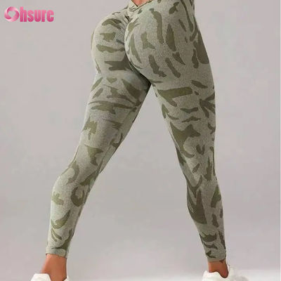 Leggings da donna a vita alta senza cuciture con stampa mimetica, pantaloni a vita a V, push-up, per sport casual, allenamento, vita elastica, leggings fitness