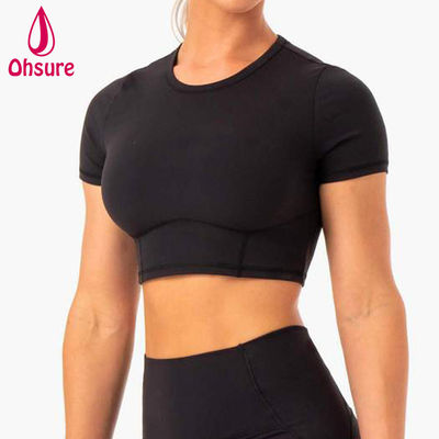 T-shirt aderente da donna a 2 pezzi, per fitness, palestra, yoga, cropped, all'ingrosso, con logo personalizzato, morbido, ad asciugatura rapida, sportivo, 50-100 pezzi
