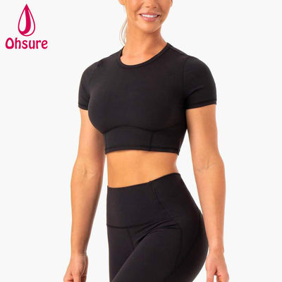 T-shirt aderente da donna a 2 pezzi, per fitness, palestra, yoga, cropped, all'ingrosso, con logo personalizzato, morbido, ad asciugatura rapida, sportivo, 50-100 pezzi